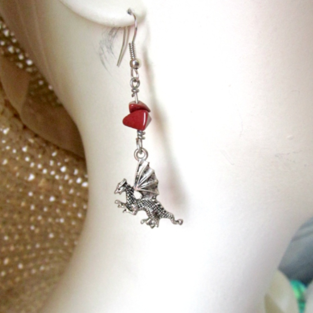 Dragon Charm Earrings With Red Jasper 2.25" Long